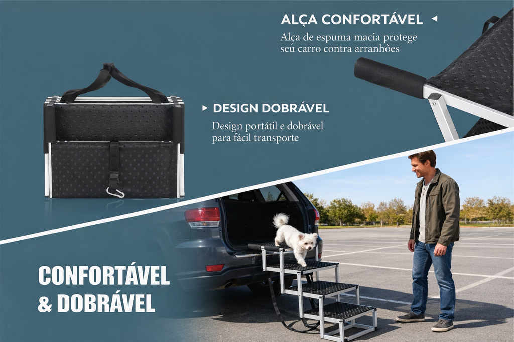 Escada Dobrável Antiderrapante para Cães – Acesso Seguro a Carros e SUVs