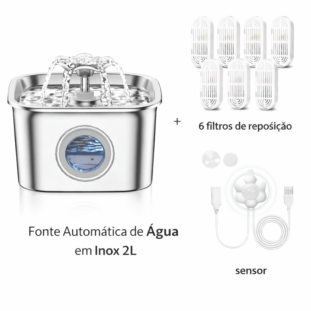 Fonte de Água Automática em Inox para Cães e Gatos – 2L - DogCare.pt